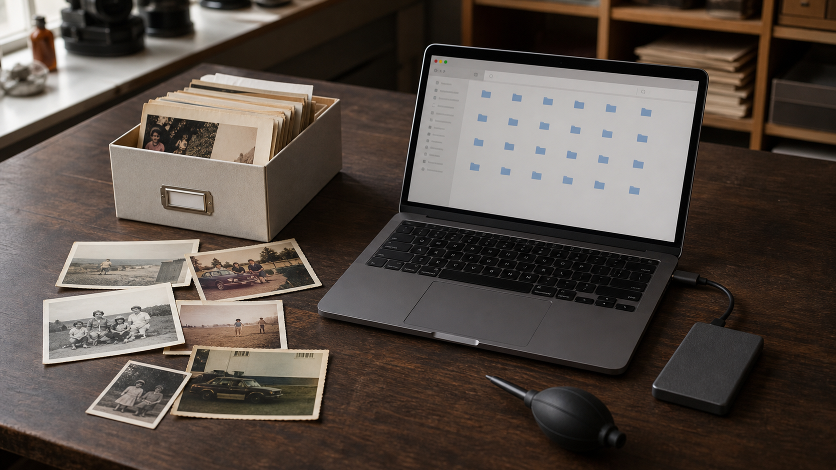 Digitised family photographs organised on a professional workbench with a laptop and backup drive