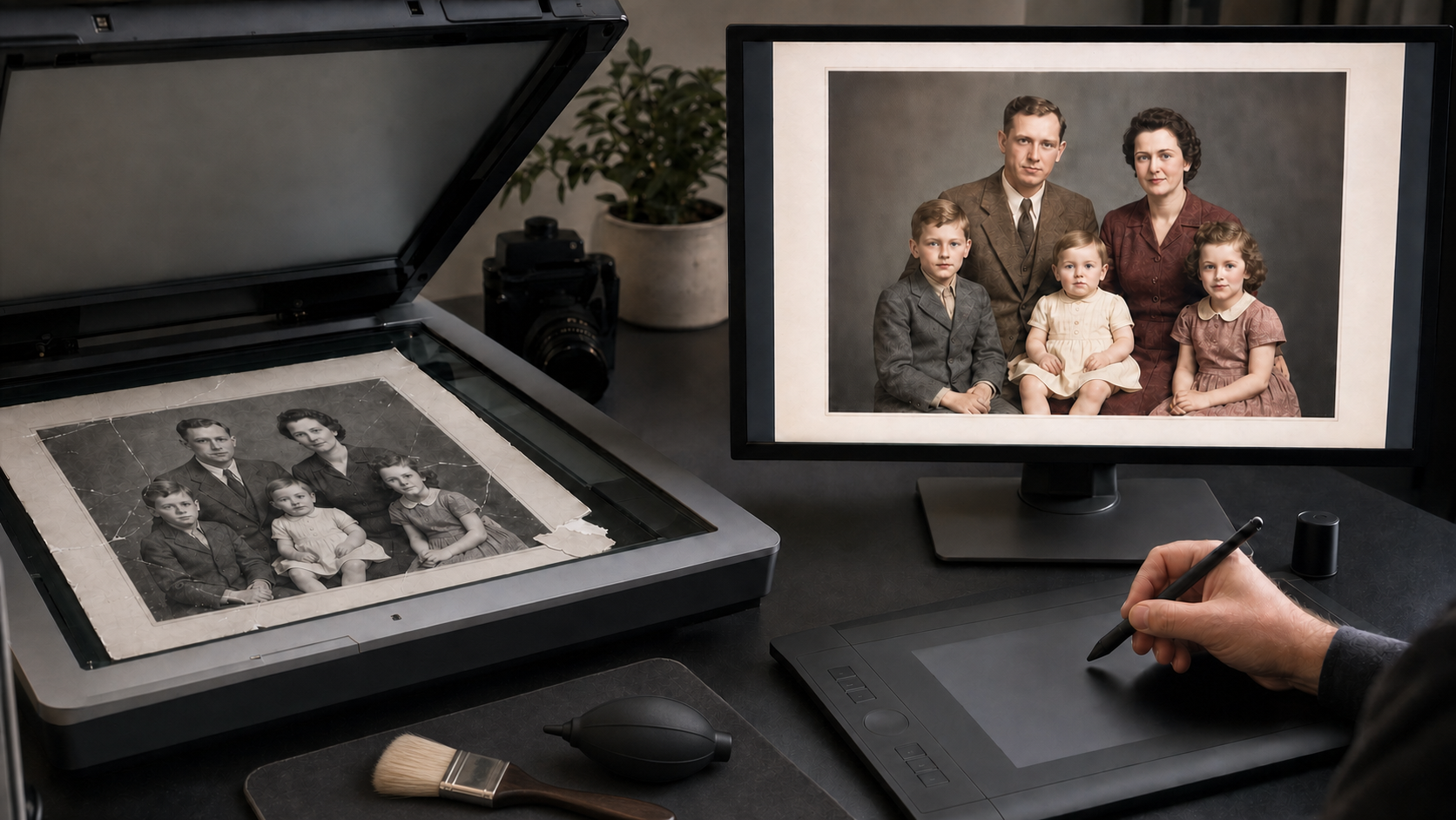 Professional digital restoration and colourisation of a damaged black-and-white family photograph at Pixels Plus Sydney